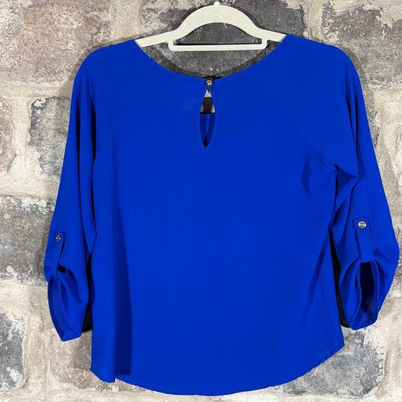 A'Gaci Blouse Woman's Small Royal Blue Gold Cut-Outs 3/4 Sleeve Corpcore Office - Picture 5 of 12